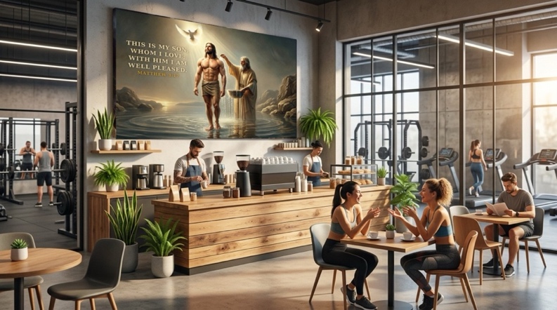 Organic coffee shop featuring Bible-hero murals
